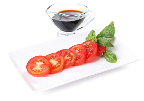 Balsamic vinegar, tomato and basil — Stock Photo, Image