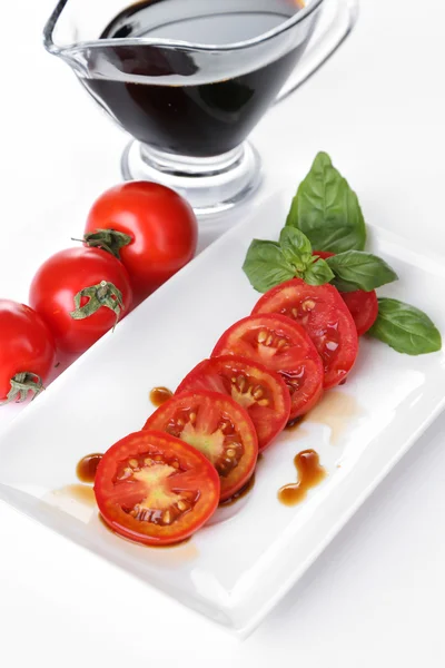 Balsamic vinegar, tomato and basil — Stock Photo, Image