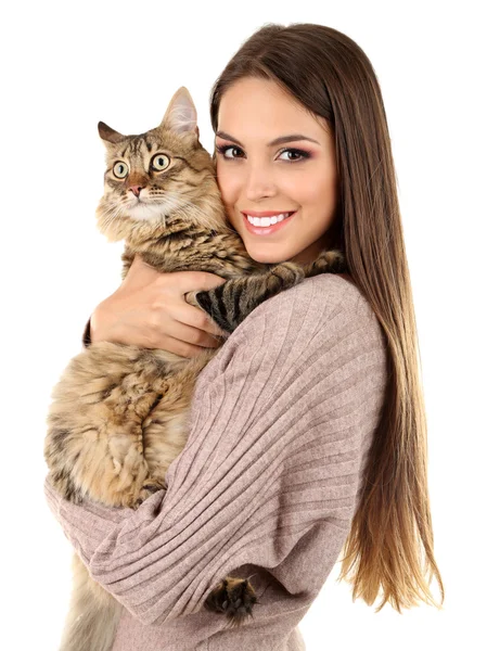 Beautiful young woman holding cat isolated on white — Stock Photo, Image