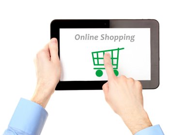 Internet alışveriş için kavram: holding eller izole üzerinde beyaz tablet