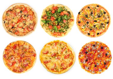Beyaz üzerine izole edilmiş farklı pizza kolajı