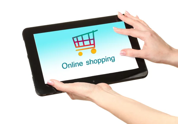 Conceito para compras na Internet: mãos segurando tablet isolado em branco — Fotografia de Stock