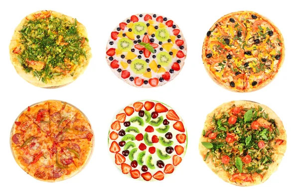 Collage de diferentes pizzas aisladas en blanco — Foto de Stock