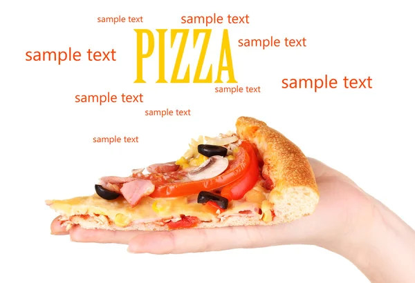 Kawałek pysznej pizzy w dłoni — Zdjęcie stockowe