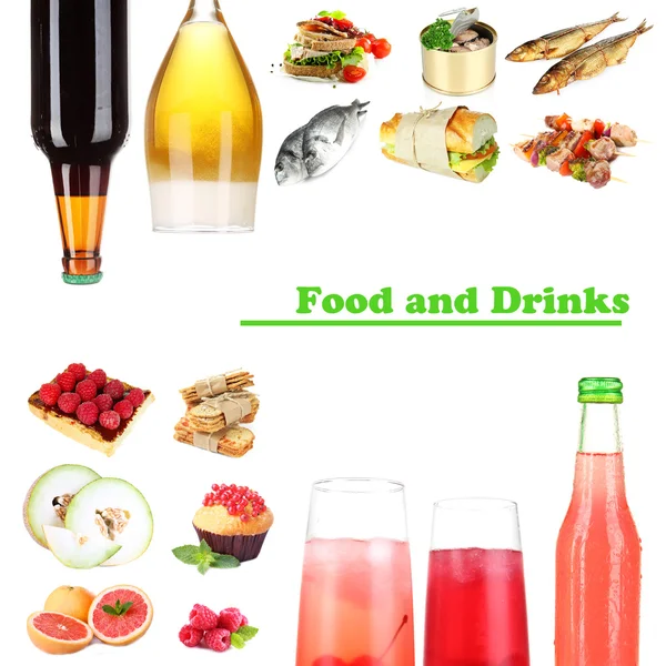 Food and drinks collage isolated on white