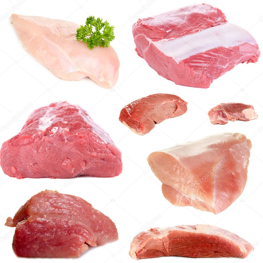 Collage of raw meat isolated on white