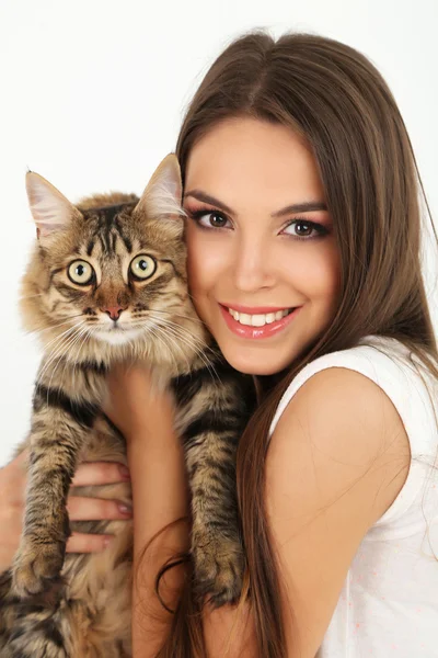 Beautiful young woman holding cat isolated on white — Stock Photo, Image
