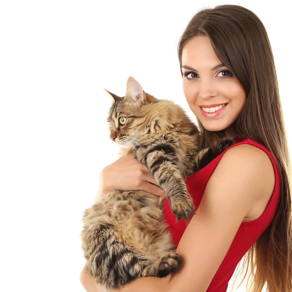 Mulher bonita segurando gato isolado no branco — Fotografia de Stock