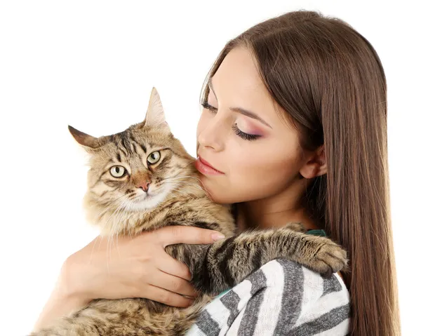 Beautiful young woman holding cat isolated on white Stock Image