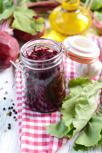 Grated beetroots in jar — Stock Photo, Image