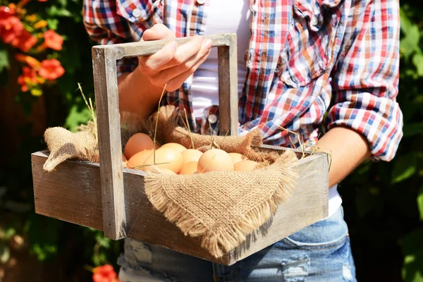 Jaja w drewniany kosz w kobiece ręce na zewnątrz — Zdjęcie stockowe