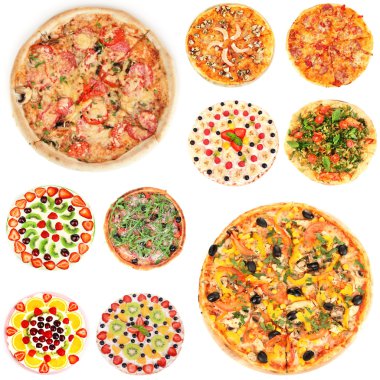 Beyaz üzerine izole edilmiş farklı pizza kolajı