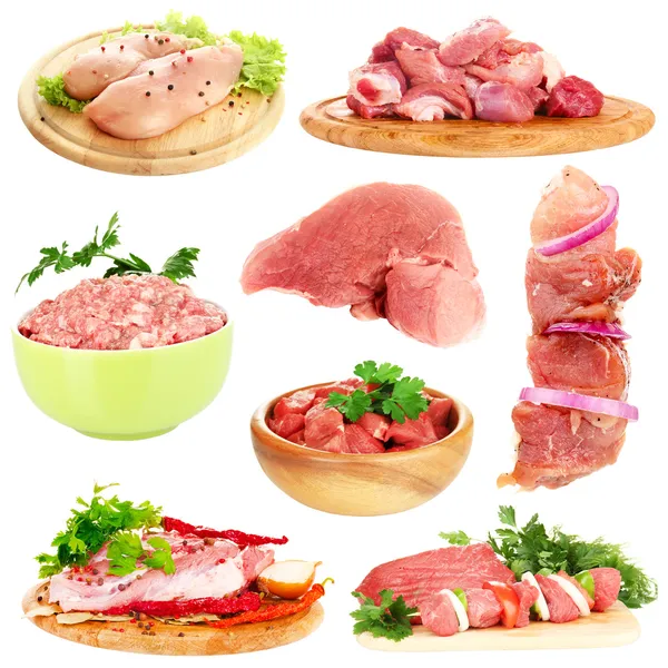 Collage of raw meat isolated on white — Stock Photo, Image