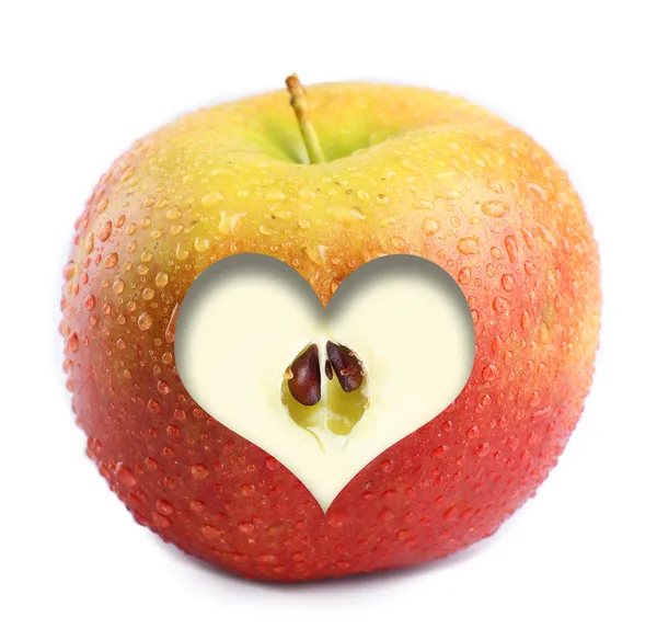 Manzana roja fresca con corazón, aislada en blanco —  Fotos de Stock
