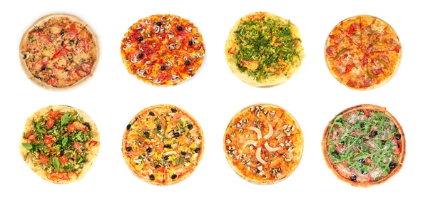 Collage de diferentes pizzas aisladas en blanco — Foto de Stock