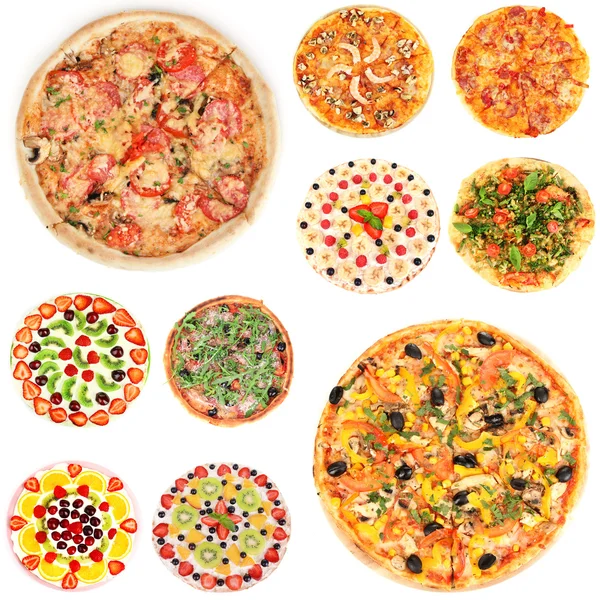 Koláž různé pizzy izolované na bílém — Stock fotografie