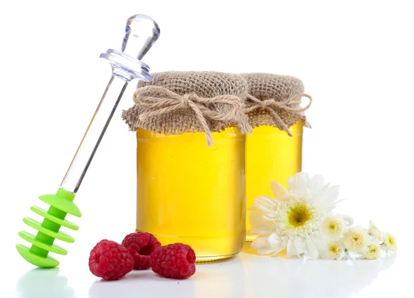 Frasco cheio de delicioso mel fresco e flores silvestres, isolado em branco — Fotografia de Stock