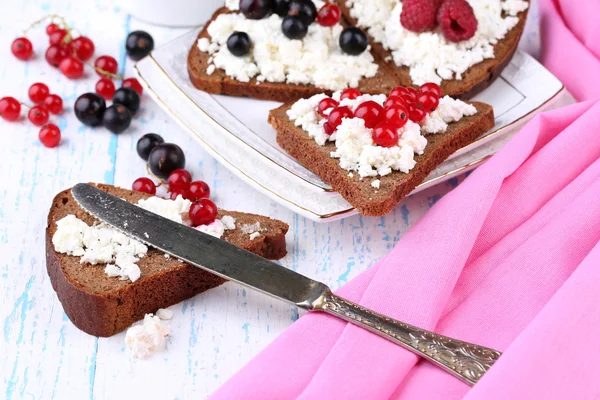 Bread with cottage cheese and berries on plate close-up — Stock Photo, Image