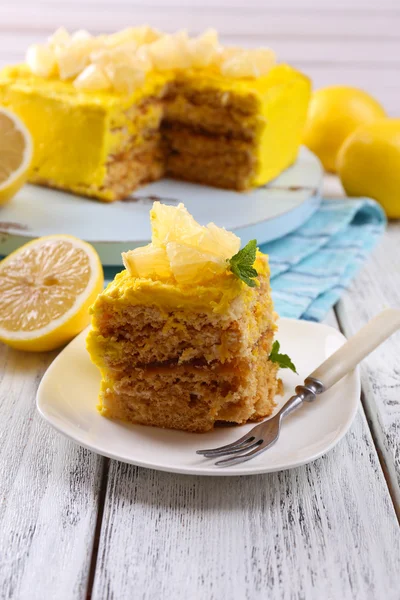 Tasty lemon dessert on wooden table — Stock Photo, Image