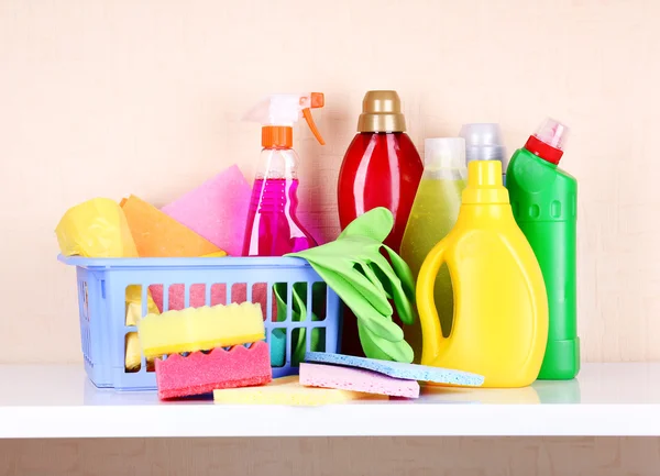 Cleaning products on shelf — Stock Photo, Image
