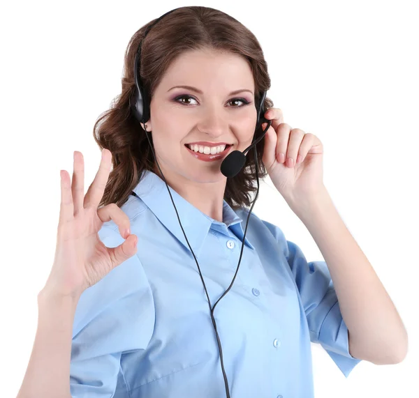 Joven mujer de negocios con auriculares aislados en blanco —  Fotos de Stock