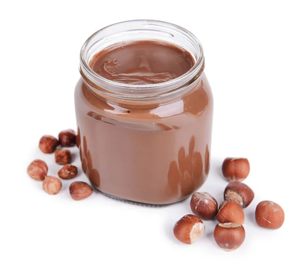 Sweet chocolate cream in jar — Stock Photo, Image
