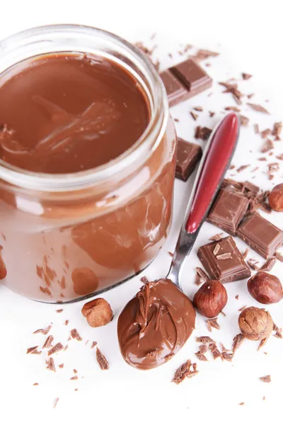 Sweet chocolate cream in jar — Stock Photo, Image