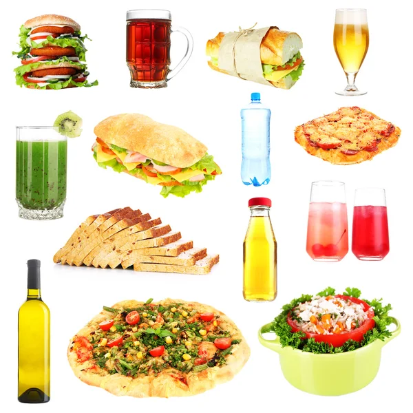 Collage de alimentos y bebidas aislado en blanco — Foto de Stock