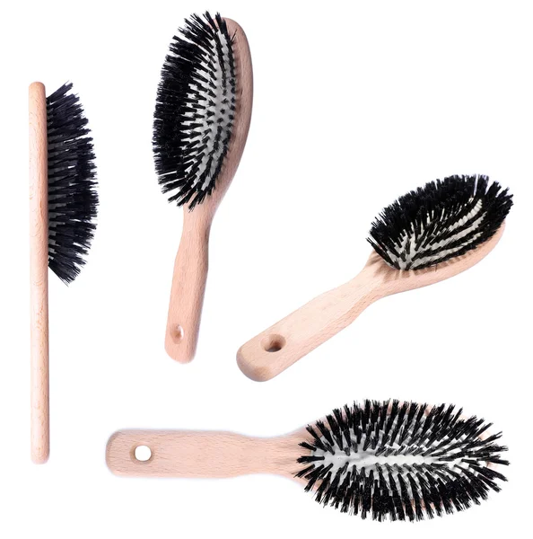 Collage of wooden hairbrushes isolated on white — Stock Photo, Image