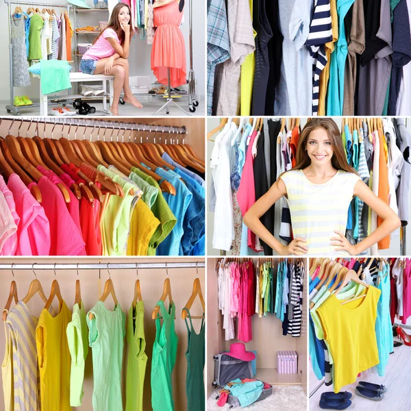 Lány választja ruhát, kollázs — Stock Fotó