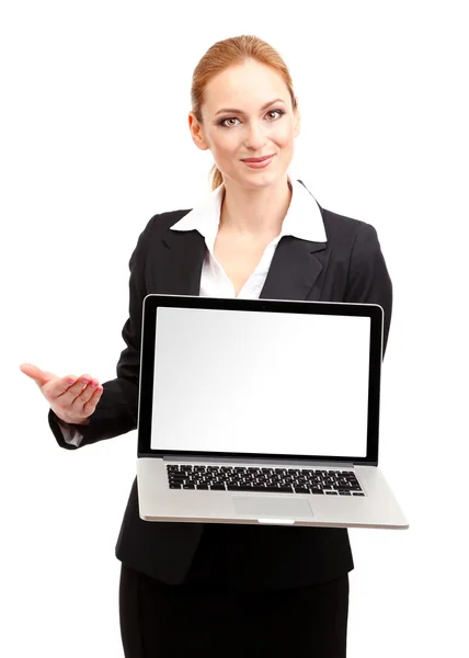 Ritratto di donna con computer portatile, isolato su bianco — Foto Stock