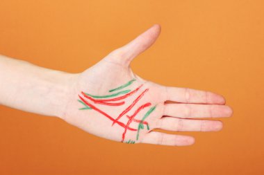 chiromancy.Color kontür palm, renkli arka plan üzerinde