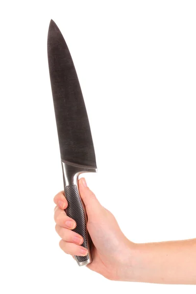 Mano humana con cuchillo de cocina aislado en blanco — Foto de Stock