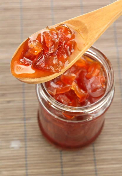 Tasty homemade jam, on bamboo mat — Stock Photo, Image