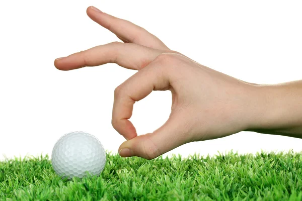 Golfball und Hand isoliert auf weiß — Stockfoto