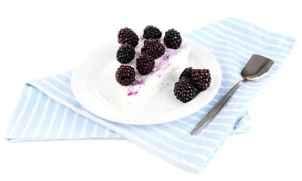 Cheesecake with fresh berries on white plate isolated on white — Stock Photo, Image