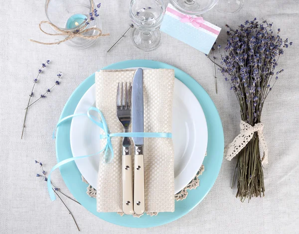 Table setting with lavender flowers — Stock Photo, Image