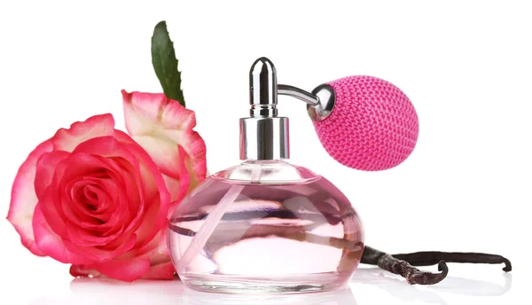 Bottiglia di profumo con rosa — Foto Stock