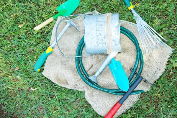 Attrezzi da giardino su erba verde — Foto Stock