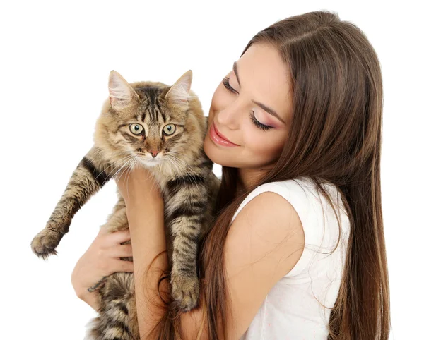 Jeune femme tenant chat — Photo