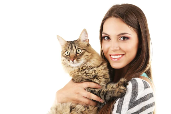 Jonge vrouw bedrijf kat — Stockfoto