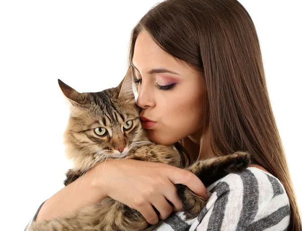 Junge Frau hält Katze — Stockfoto