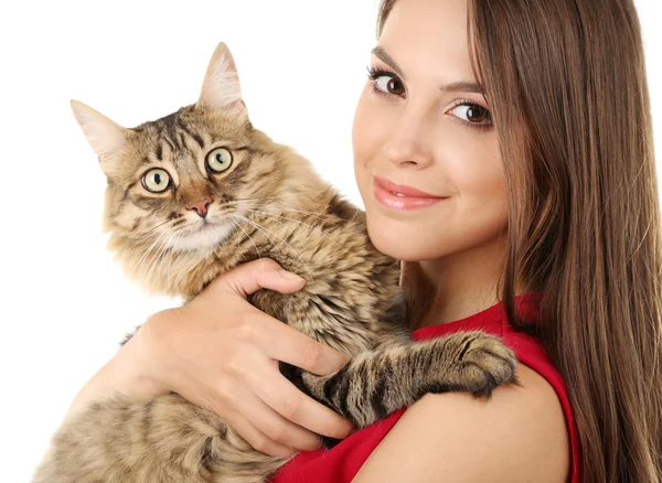 Jovem mulher segurando gato — Fotografia de Stock