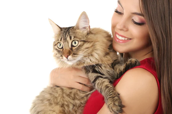 Genç bir kadın tutarak kedi — Stok fotoğraf