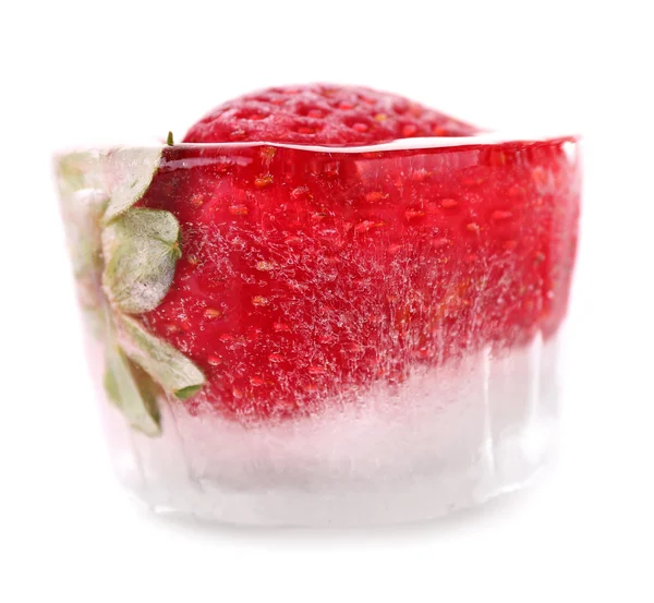 Ice cube with strawberry isolated on white — Stock Photo, Image