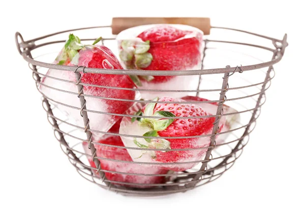 Ice cubes with strawberry on basket isolated on white — Stock Photo, Image