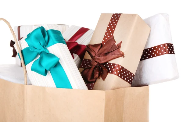 Present boxes in paper bag close up — Stock Photo, Image