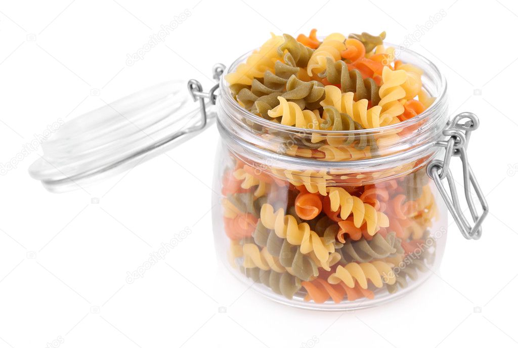 Colorful pasta in a glass jar