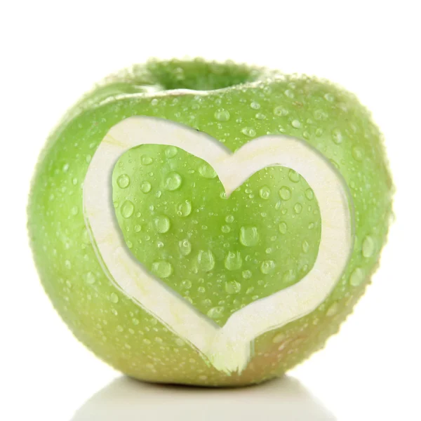 Jugosa manzana verde con corazón, aislada en blanco —  Fotos de Stock