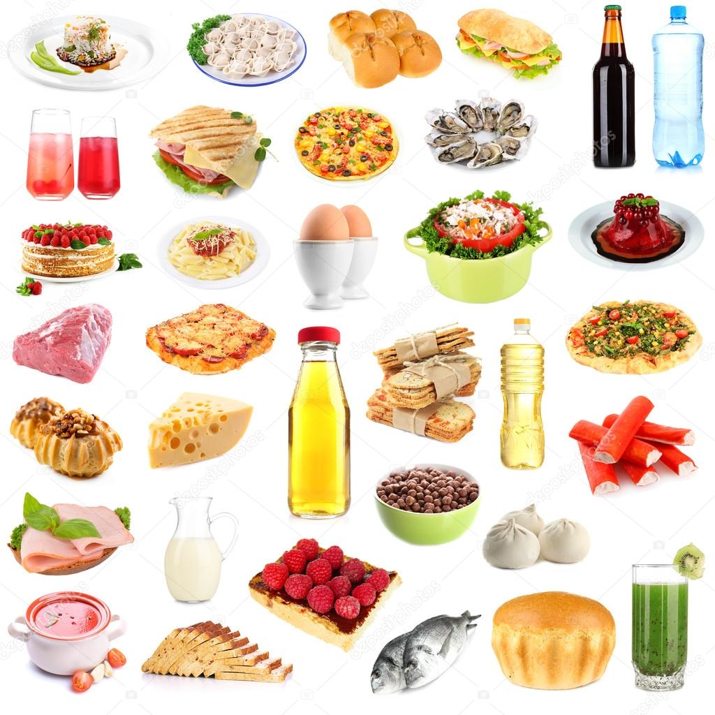 Fotos de Collage de alimentos y bebidas aislado en blanco